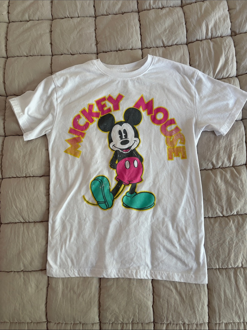 Target White Mickey Mouse Graphic Tee with Pink, Teal and Yellow Accents